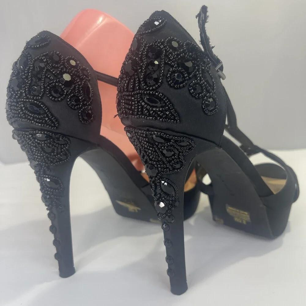 GIANNI BINI CUSTOMIZED BEADED MELISSA 8.5M Black Platform Stiletto Heels WEDDING
